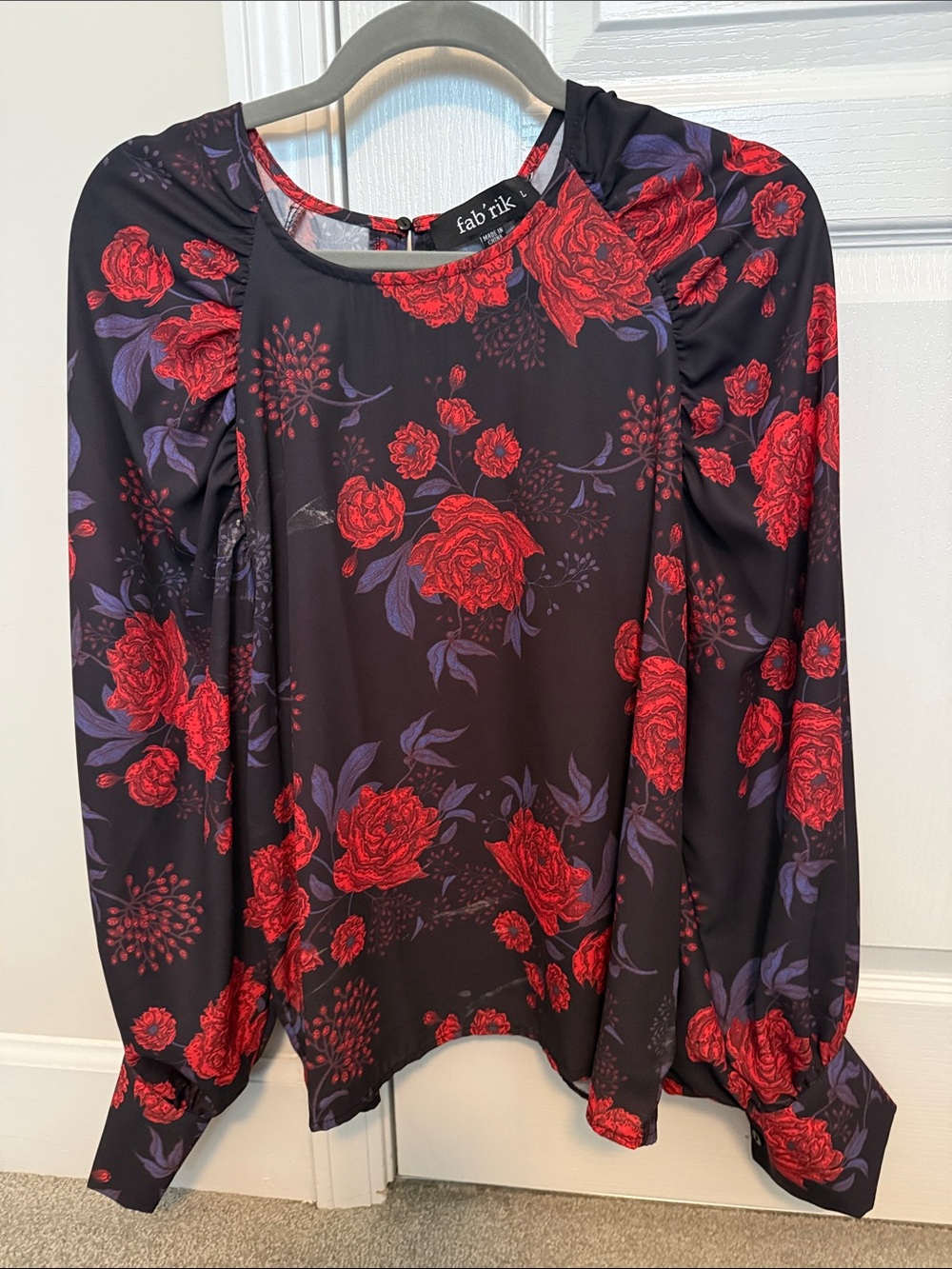 fab'rik Black Blouse with Red & Purple Floral Print